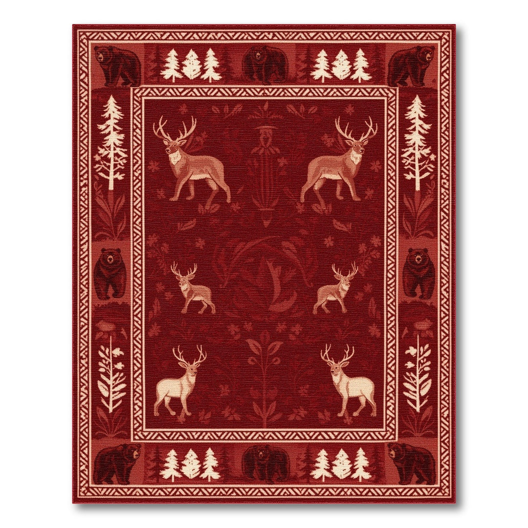 Red Rustic Bear Deer Woodland Area Rug