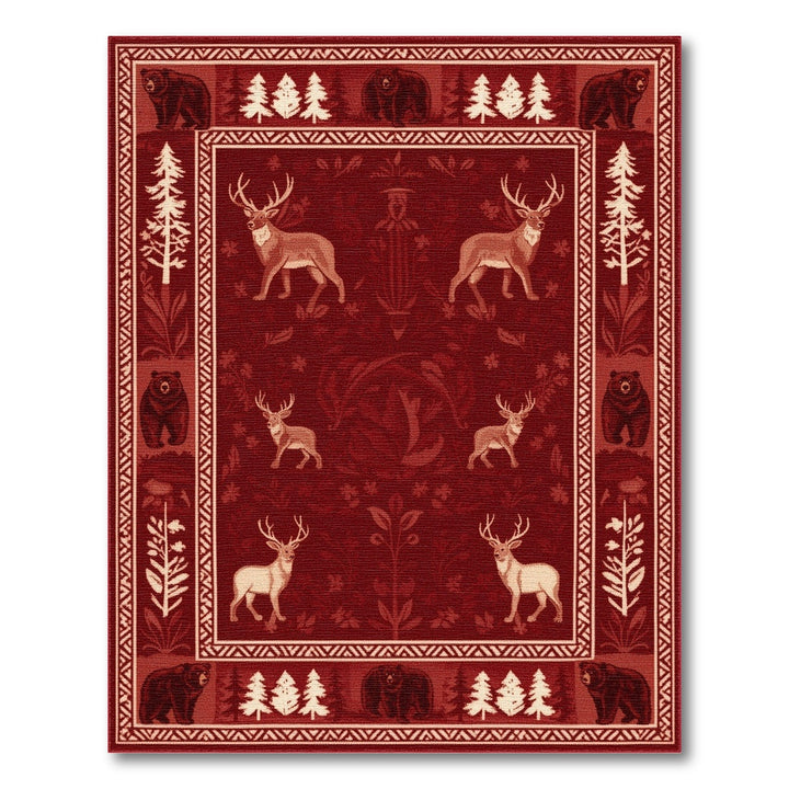 Red Rustic Bear Deer Woodland Area Rug