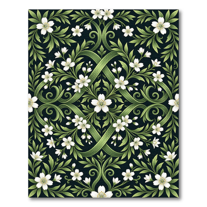 White Blossom Green Vine Symmetry Rug