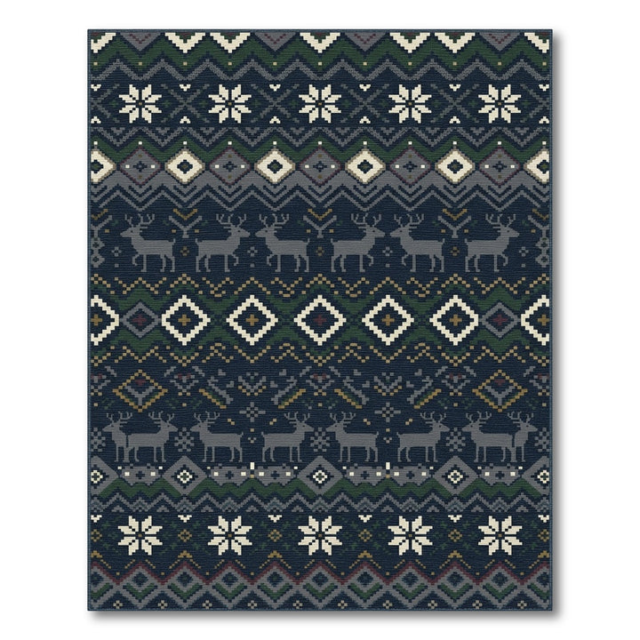 Dark Blue Deer Snowflake Geometric Kilim Rug