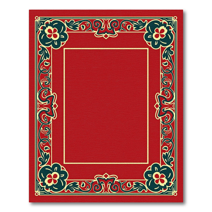Red Teal Floral Scroll Border Rug