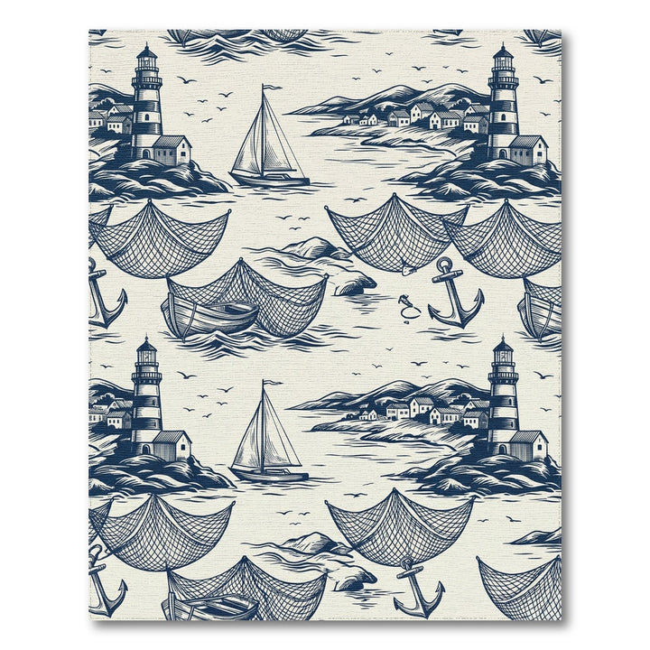 Nautical Village Lighthouse Sailboat Anchor Scene Rug