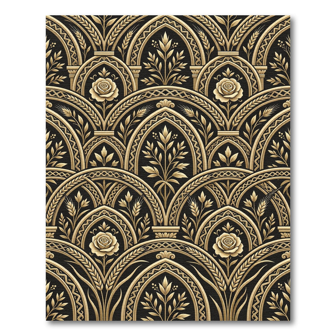 Ornate Gold Art Deco Rose Arabesque Rug