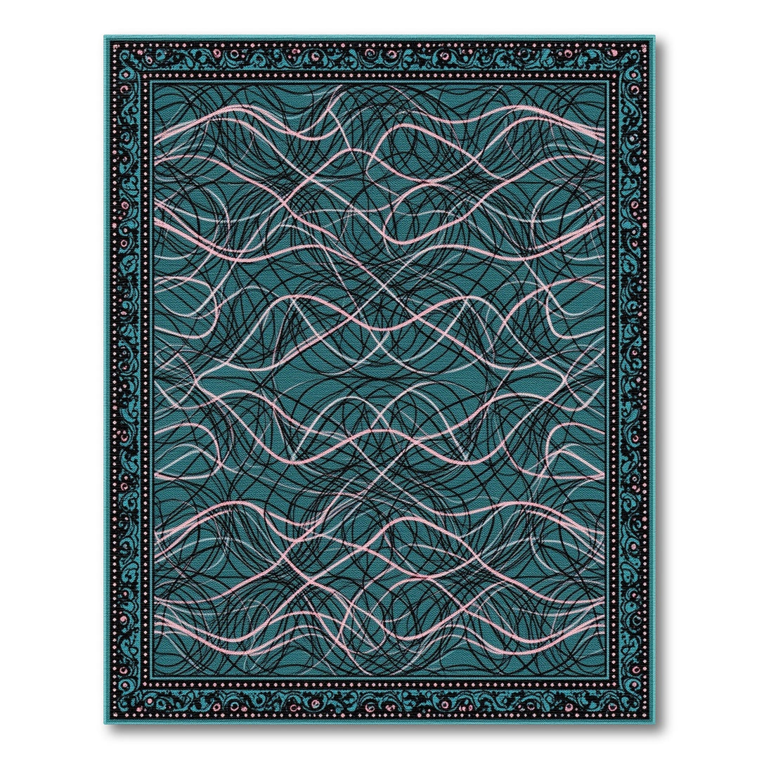 Pink Wave Scribble Teal Area Rug