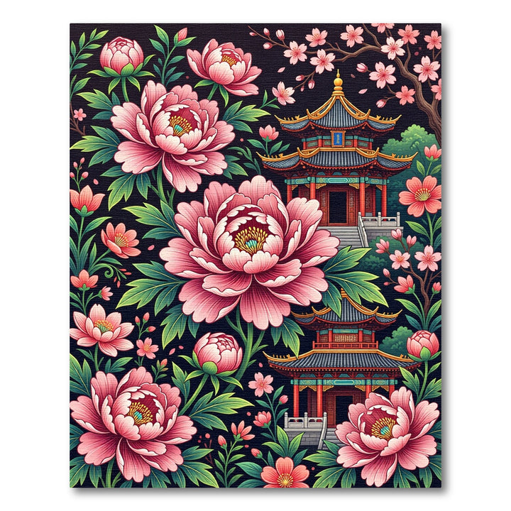 Rich Pink Peony Pagoda Garden Art Rug