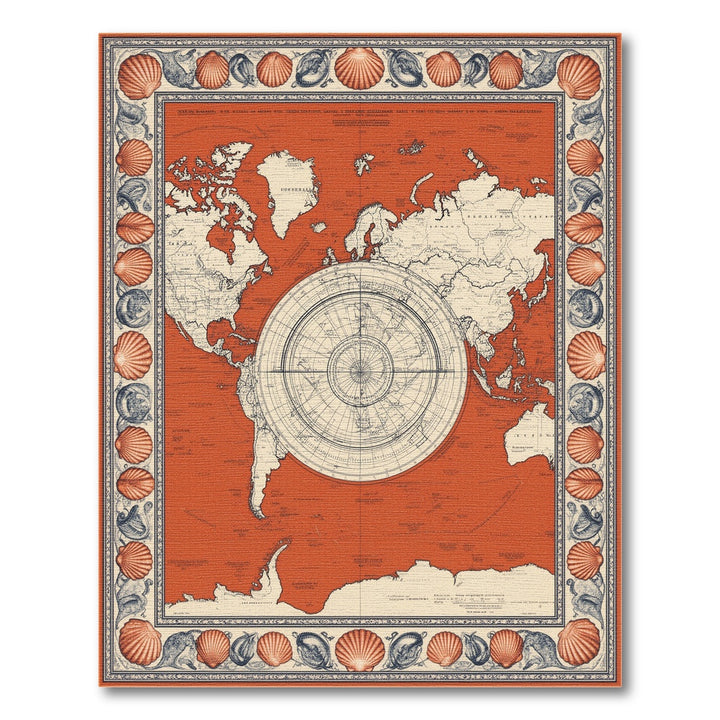 Vintage Red World Map Seashell Border Rug