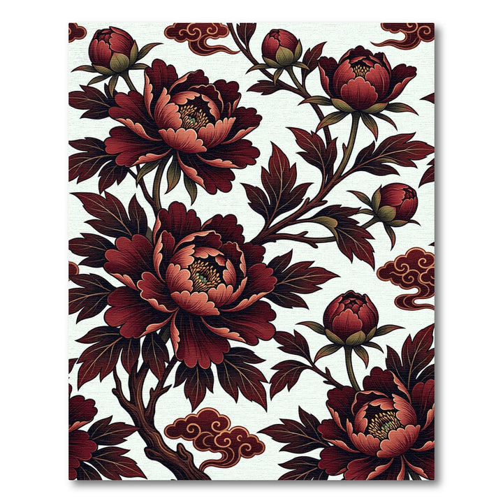 Deep Red Peony Blossom Brocade Rug
