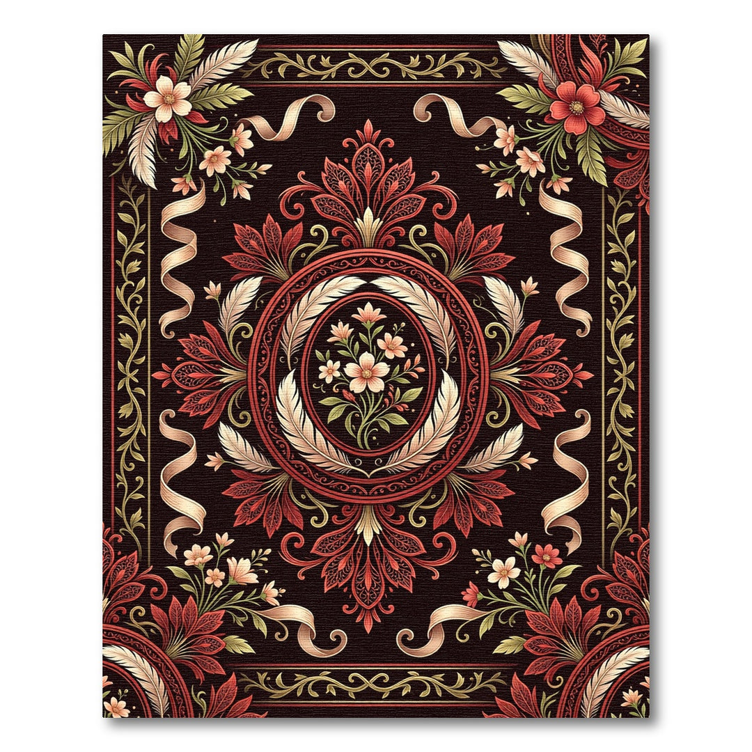 Rich Crimson Floral Feather Medallion Rug