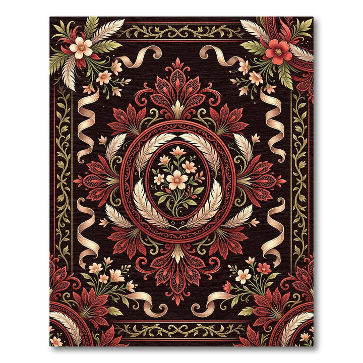 Rich Crimson Floral Feather Medallion Rug