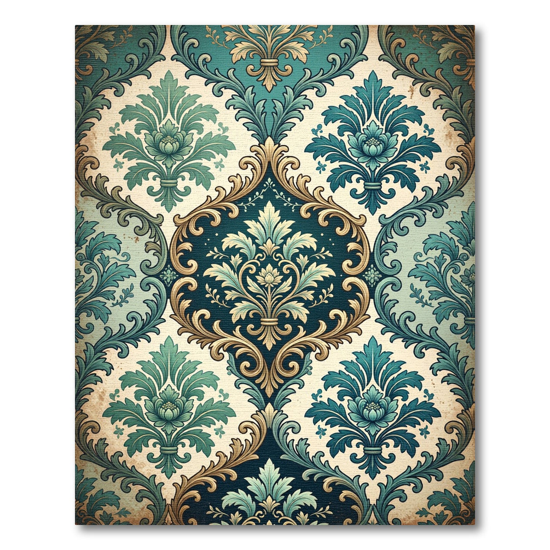Deep Teal Damask Floral Medallion Rug
