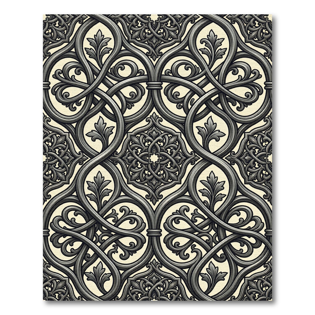 Intricate Black Floral Interlocking Lattice Rug