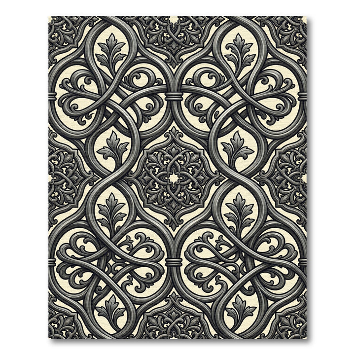 Intricate Black Floral Interlocking Lattice Rug