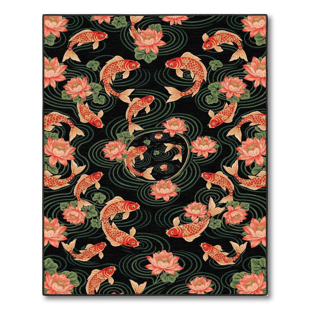 Koi Fish Lotus Black Area Rug