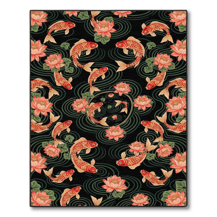 Koi Fish Lotus Black Area Rug