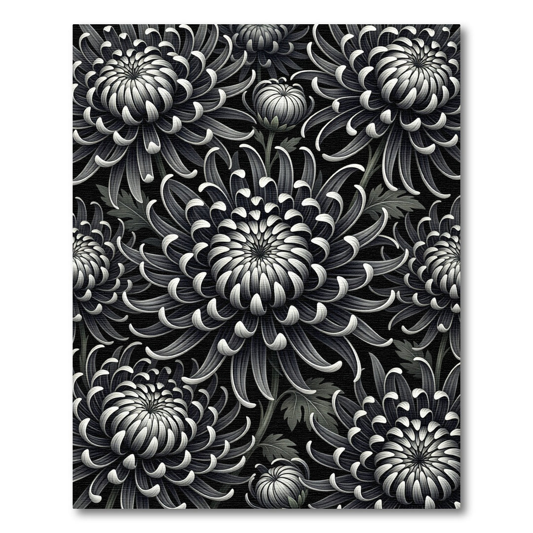 Monochromatic Black Chrysanthemum Bloom Textile Rug