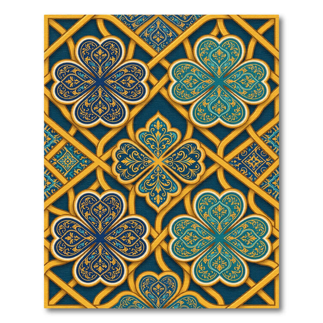 Elegant Gold Blue Clover Medallion Rug