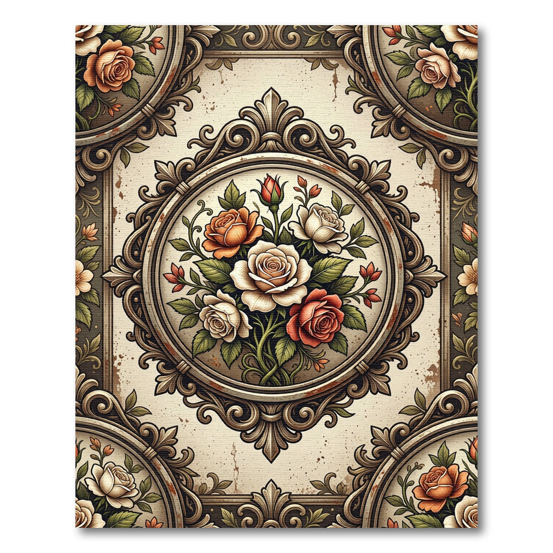 Vintage Cream Rose Medallion Arrangement Rug