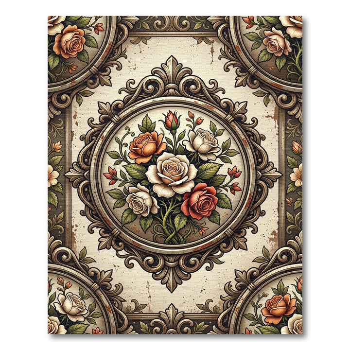Vintage Cream Rose Medallion Arrangement Rug