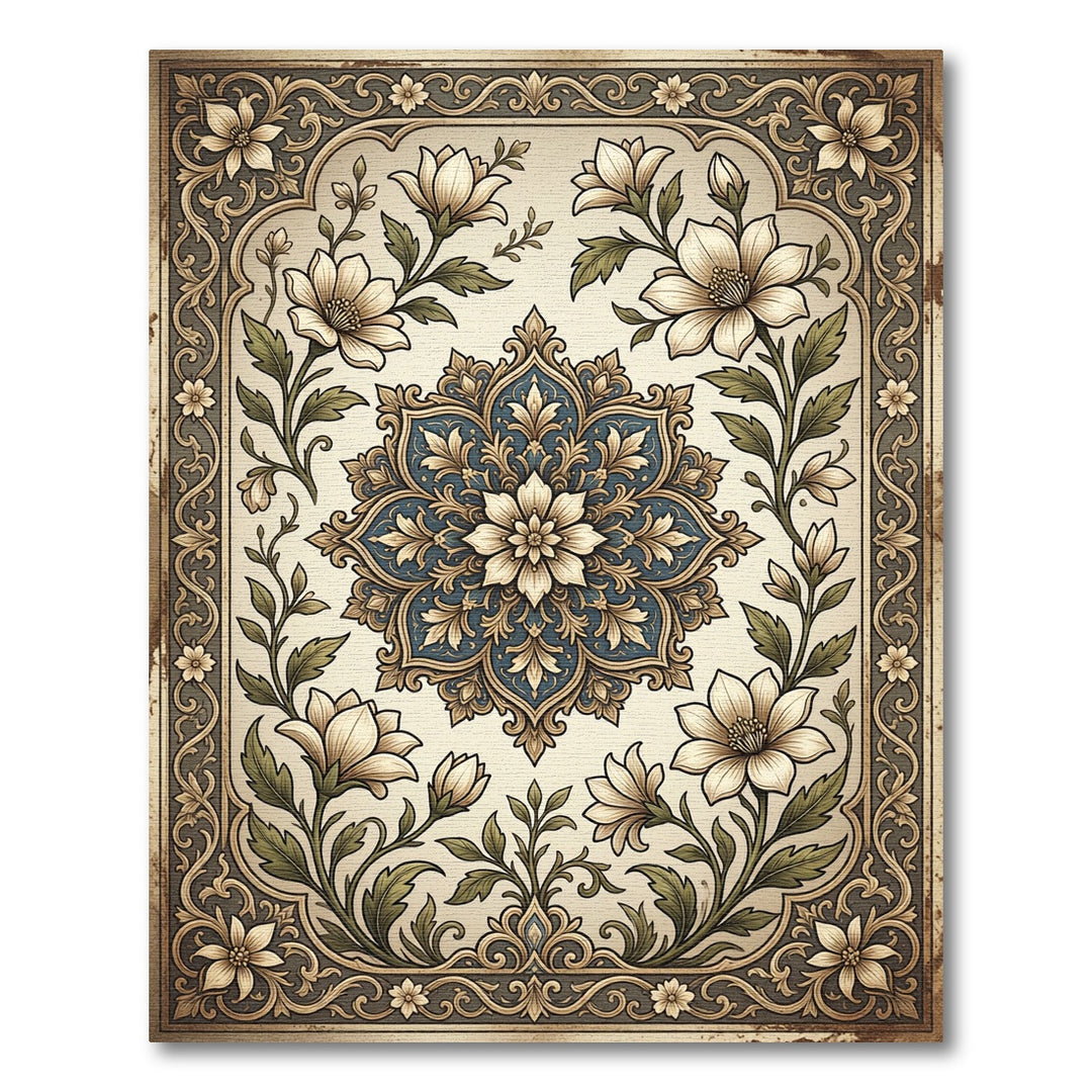 Elegant Ivory Floral Mandala Border Rug