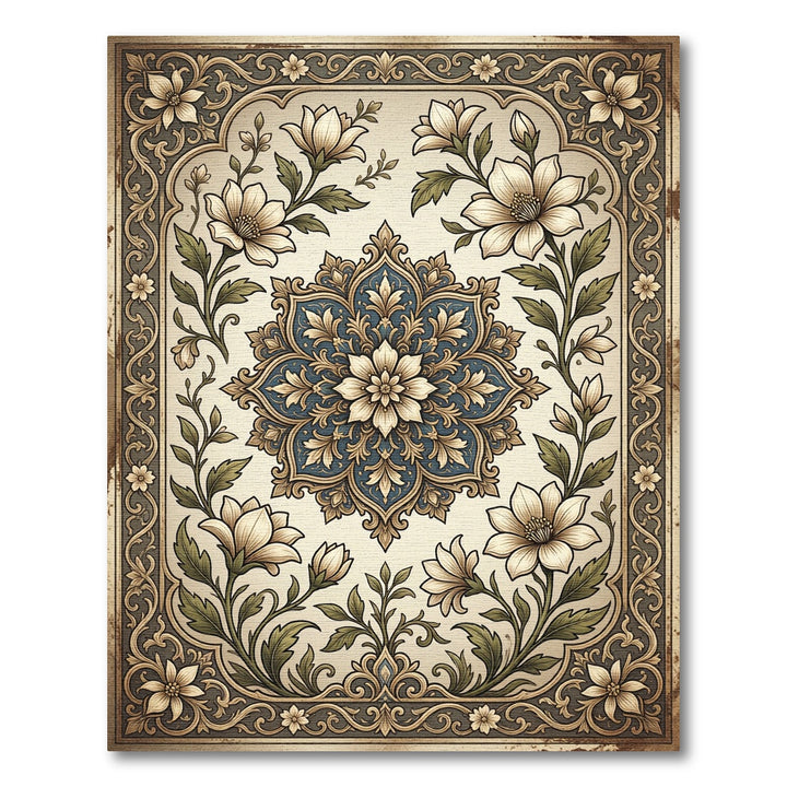 Elegant Ivory Floral Mandala Border Rug