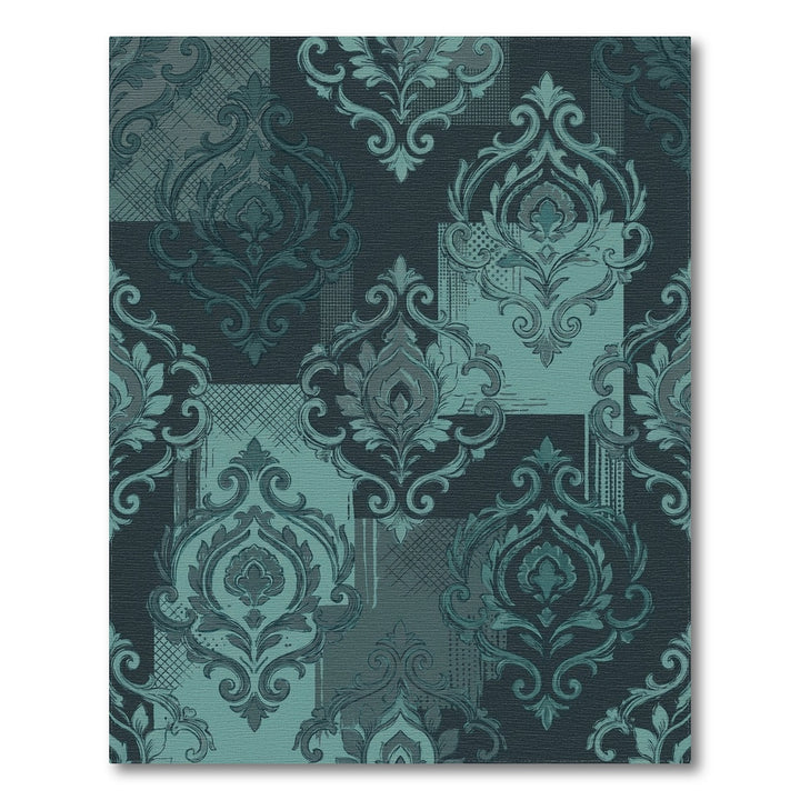 Deep Teal Damask Patchwork Rug