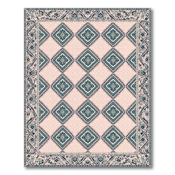 Pink Teal Diamond Floral Vintage Area Rug