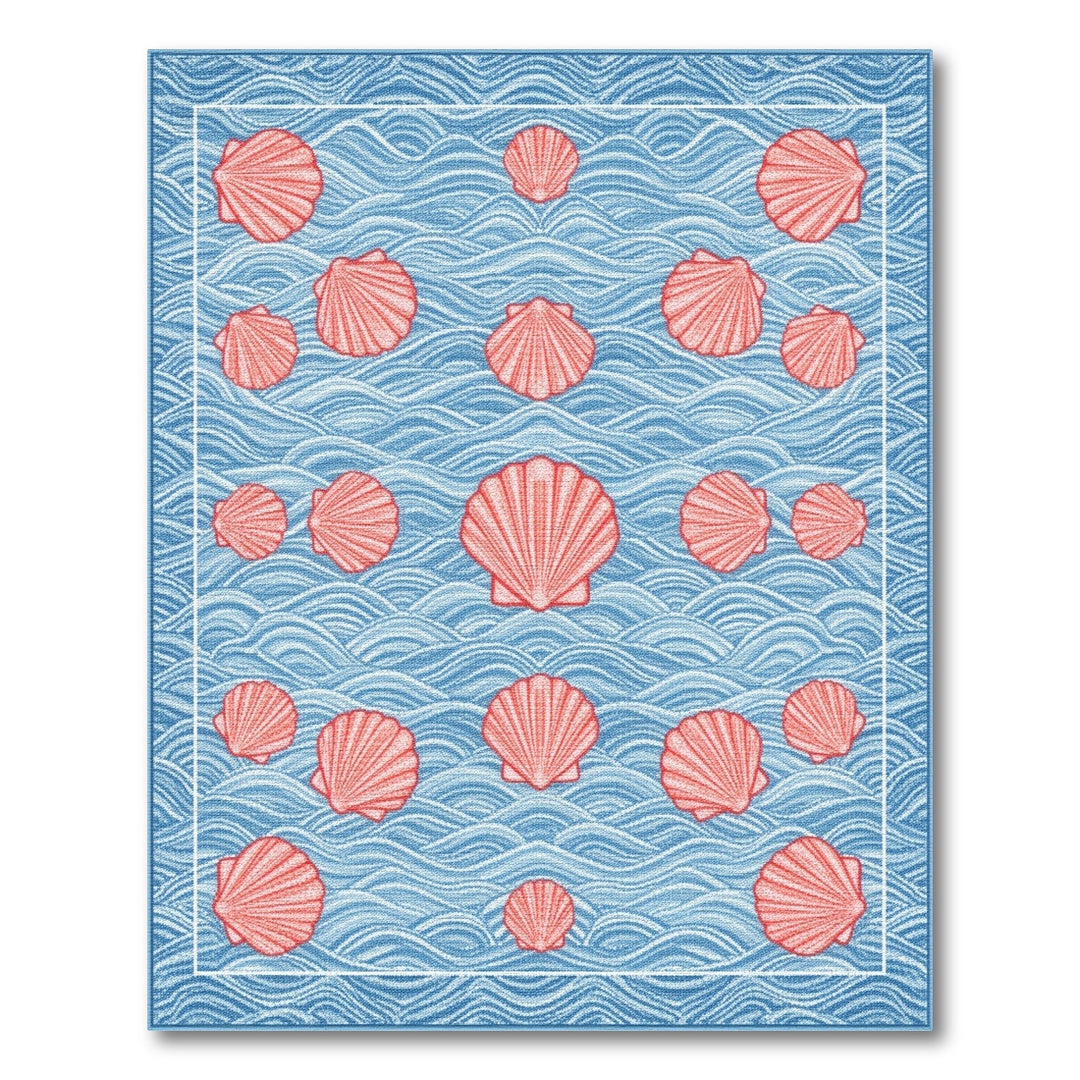 Blue Wave Red Seashell Coastal Area Rug