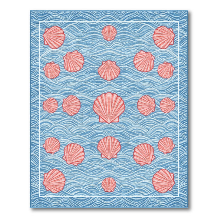 Blue Wave Red Seashell Coastal Area Rug