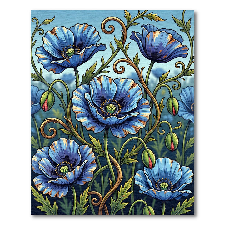 Vibrant Blue Poppy Floral Swirls Rug