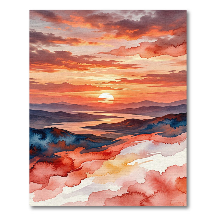 Crimson Sunset Mountain Landscape Watercolor Rug