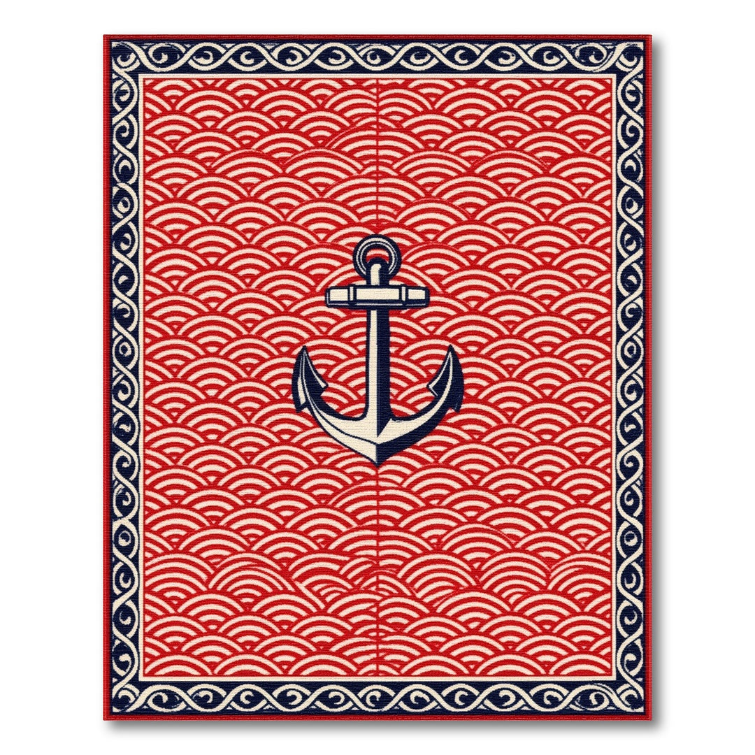 Coastal Beach Red Anchor Nautical Area Rug
