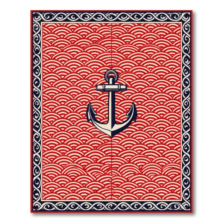 Coastal Beach Red Anchor Nautical Area Rug