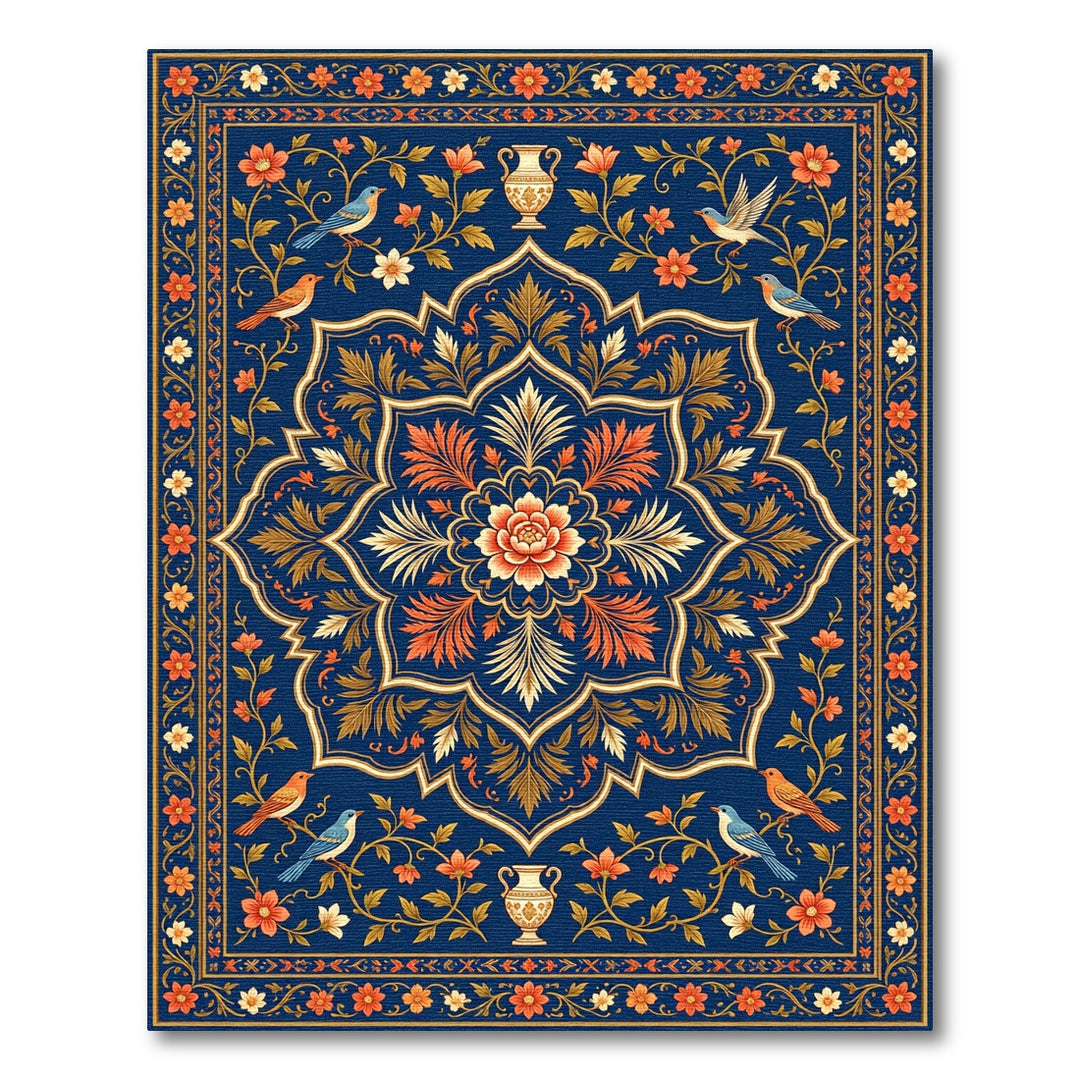 Ornate Blue Floral Bird Vase Medallion Rug