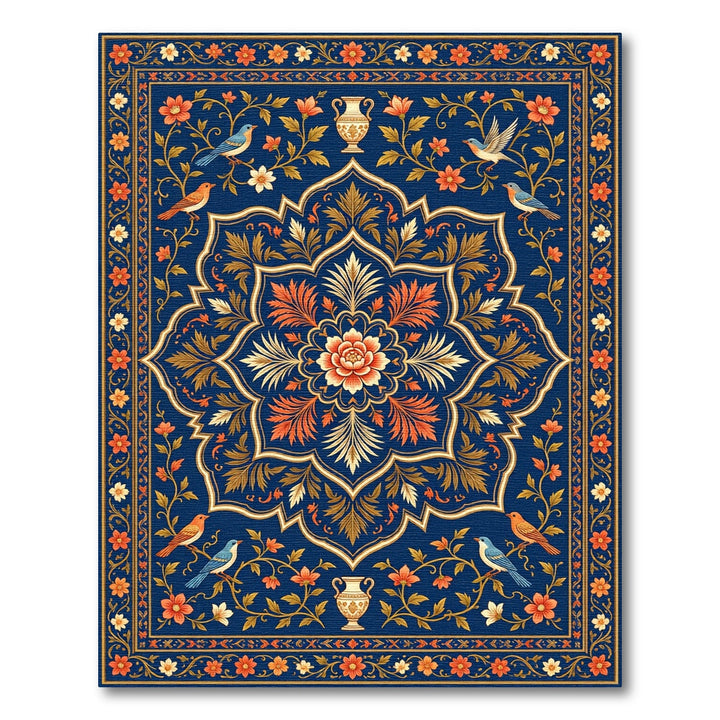 Ornate Blue Floral Bird Vase Medallion Rug