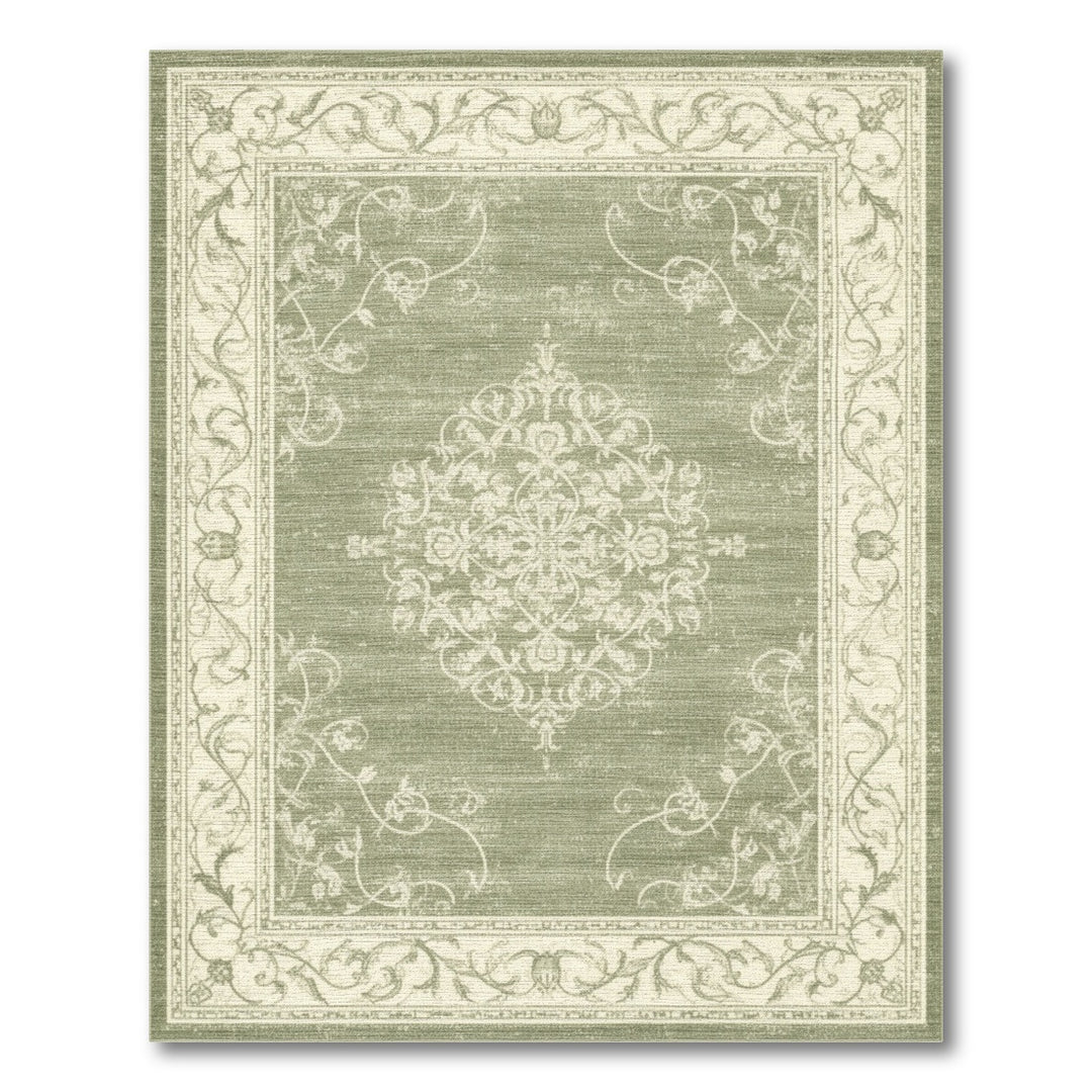 Green Distressed Vintage Floral Medallion Rug