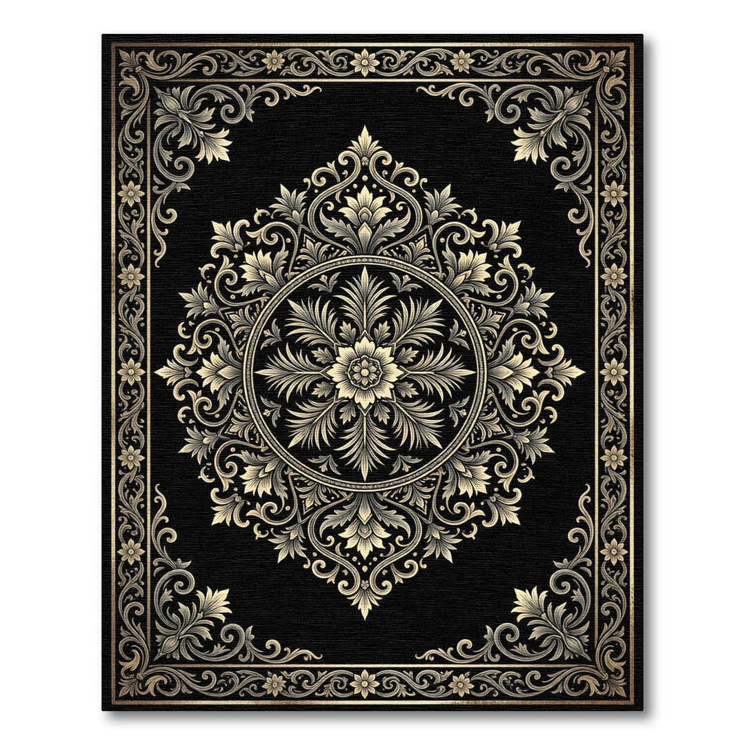 Black Golden Floral Medallion Rug