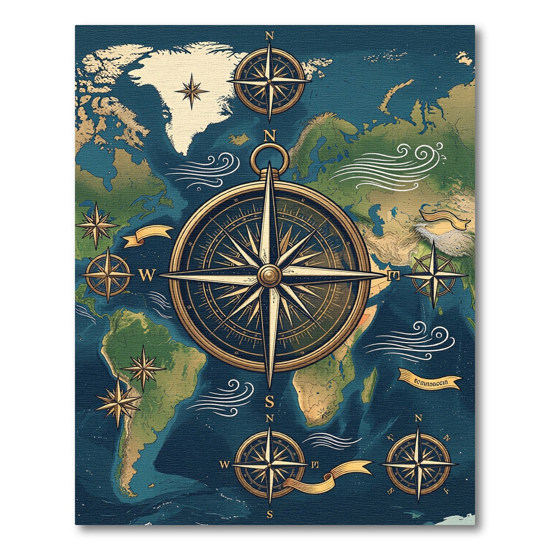 Nautical World Map Compass Rose Rug