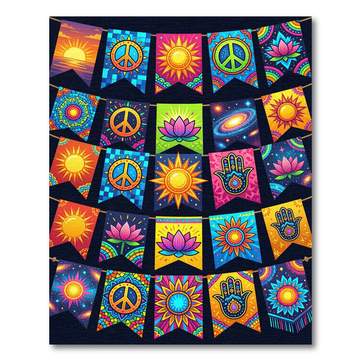 Vibrant Sun Lotus Peace Hand Banner Garland Rug