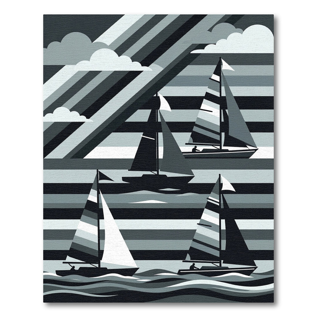 Monochromatic Sailboat Geometric Cloud Scene Rug