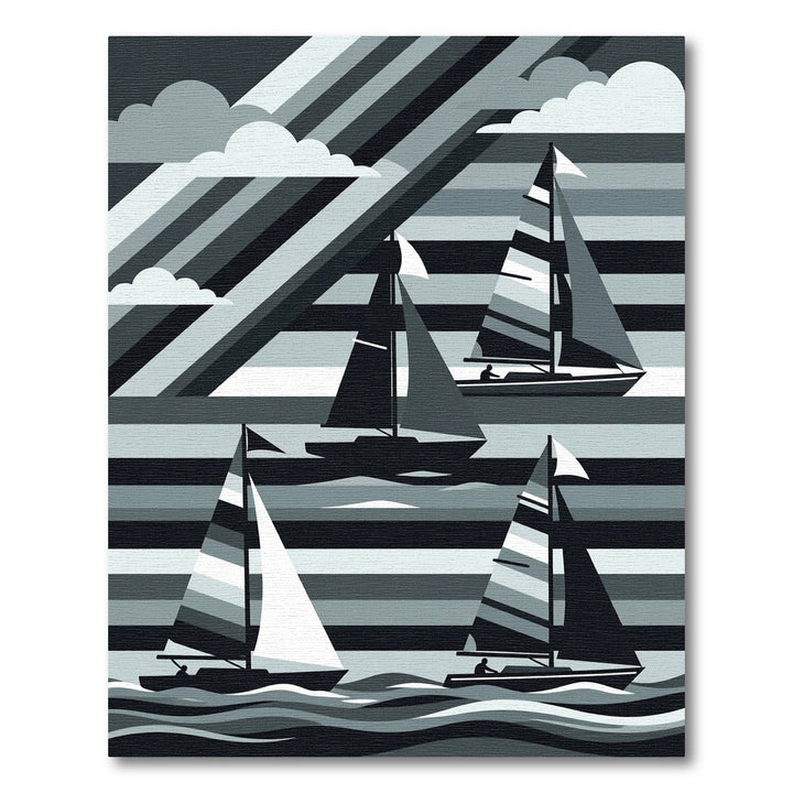 Monochromatic Sailboat Geometric Cloud Scene Rug