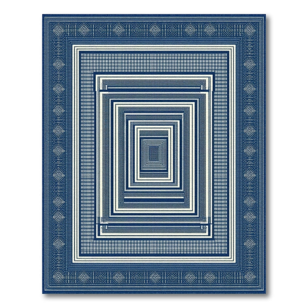 Blue and Teal Blue Concentric Geometric Area Rug