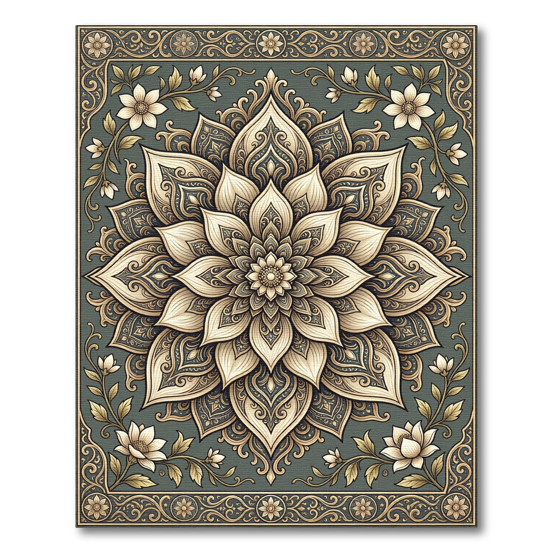 Elaborate Golden Lotus Mandala Rug