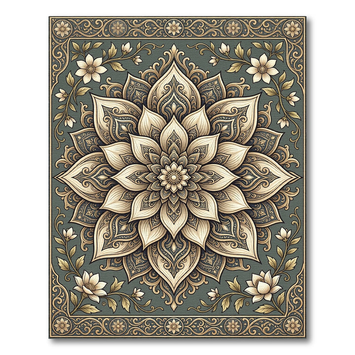 Elaborate Golden Lotus Mandala Rug