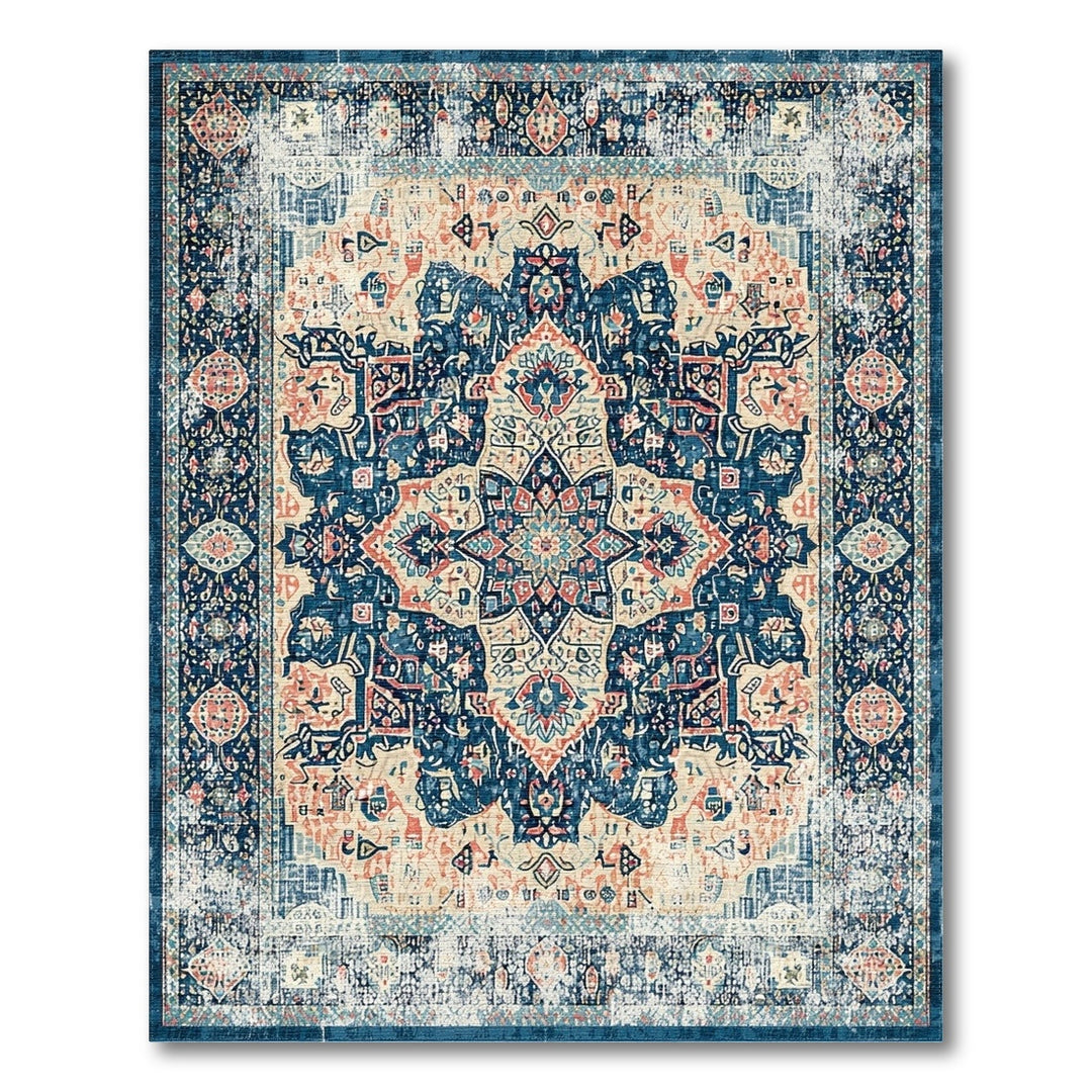 Blue Teal Distressed Vintage Medallion Area Rug