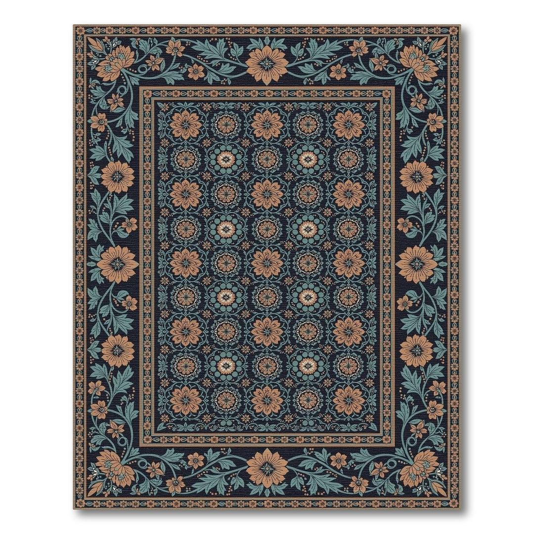 Navy Teal Floral Vintage Area Rug