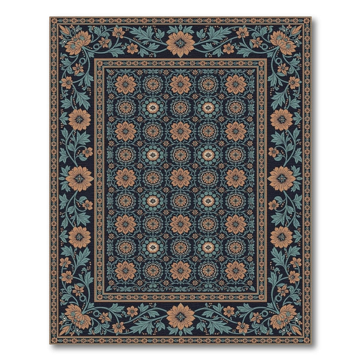 Navy Teal Floral Vintage Area Rug