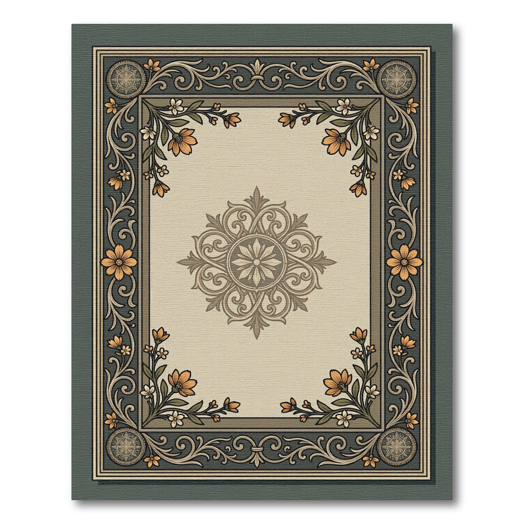 Ornate Floral Medallion Border Rug