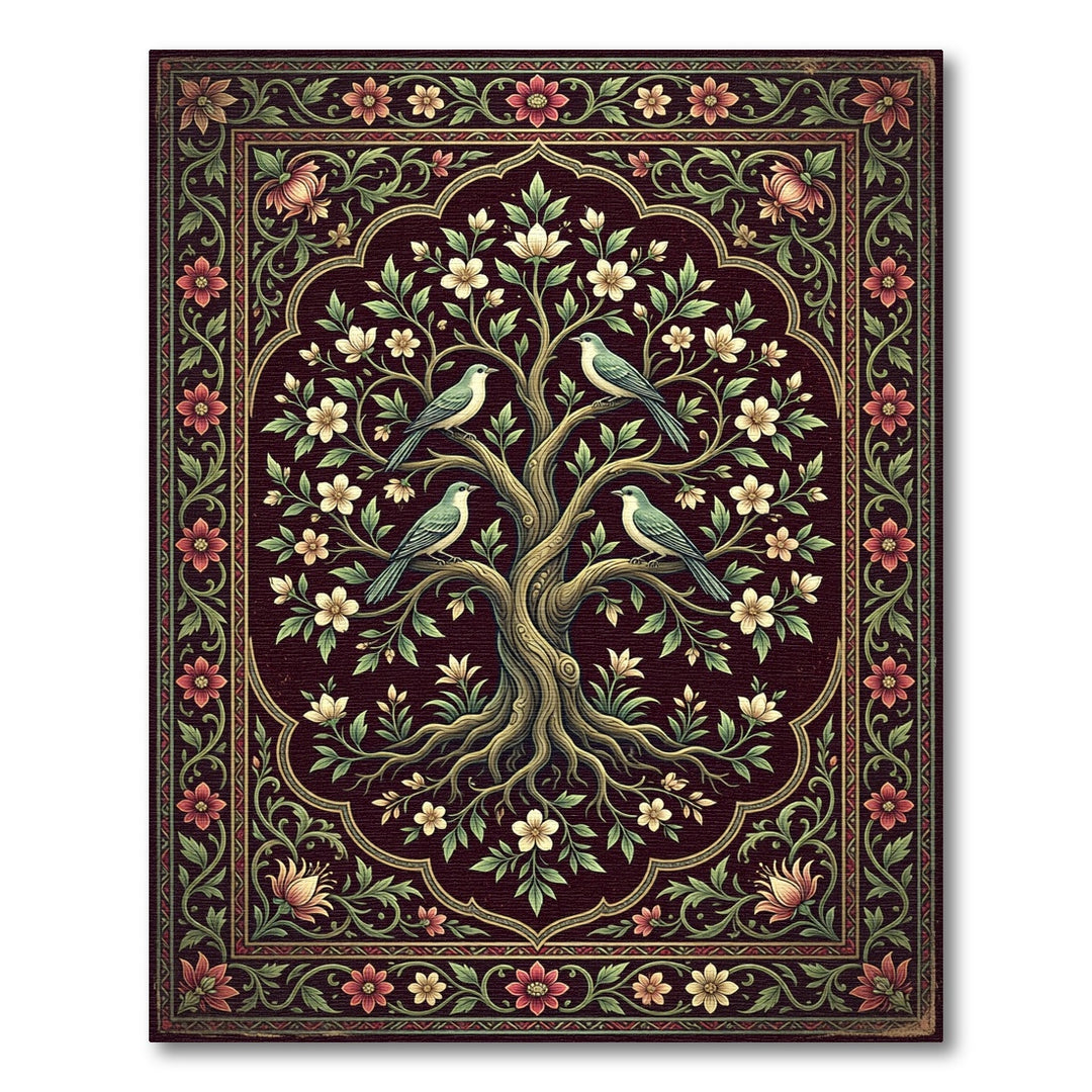 Ornate Birds Tree Burgundy Floral Rug