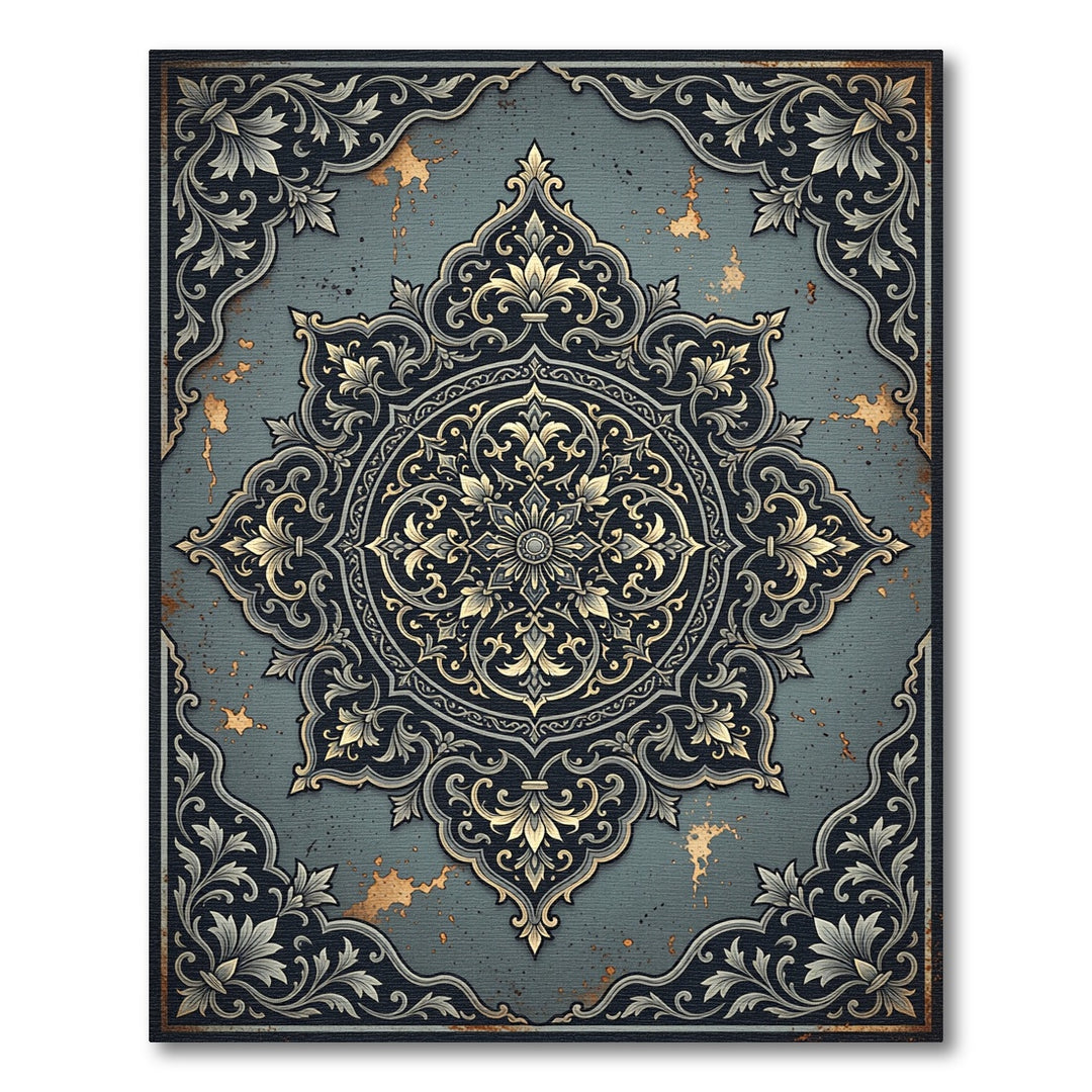 Ornate Navy Golden Floral Medallion Rug