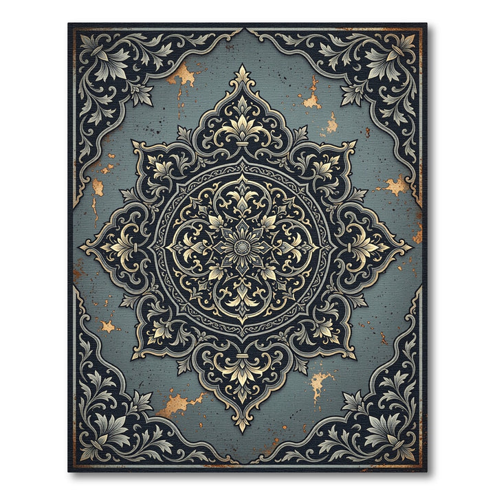 Ornate Navy Golden Floral Medallion Rug